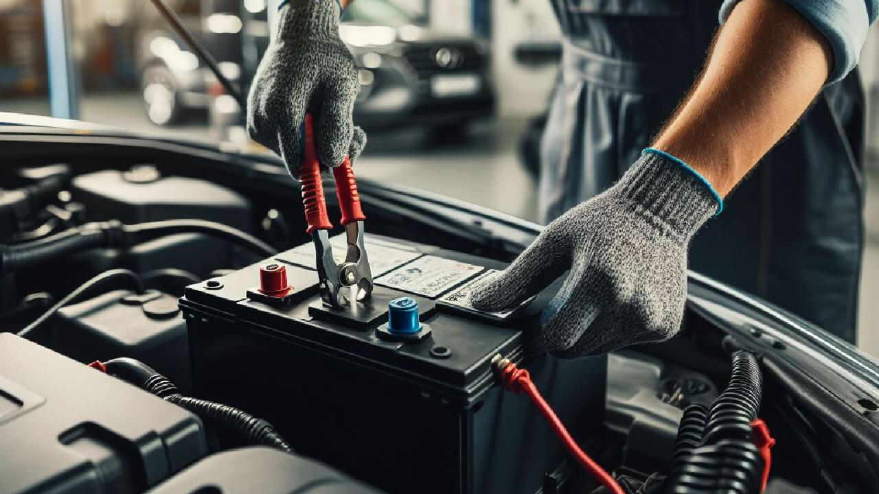 joven cargando batería de carro